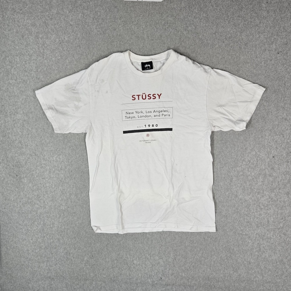 Stussy Men Shirt M White International Tribe Logo Graphic Print Crew Neck READ